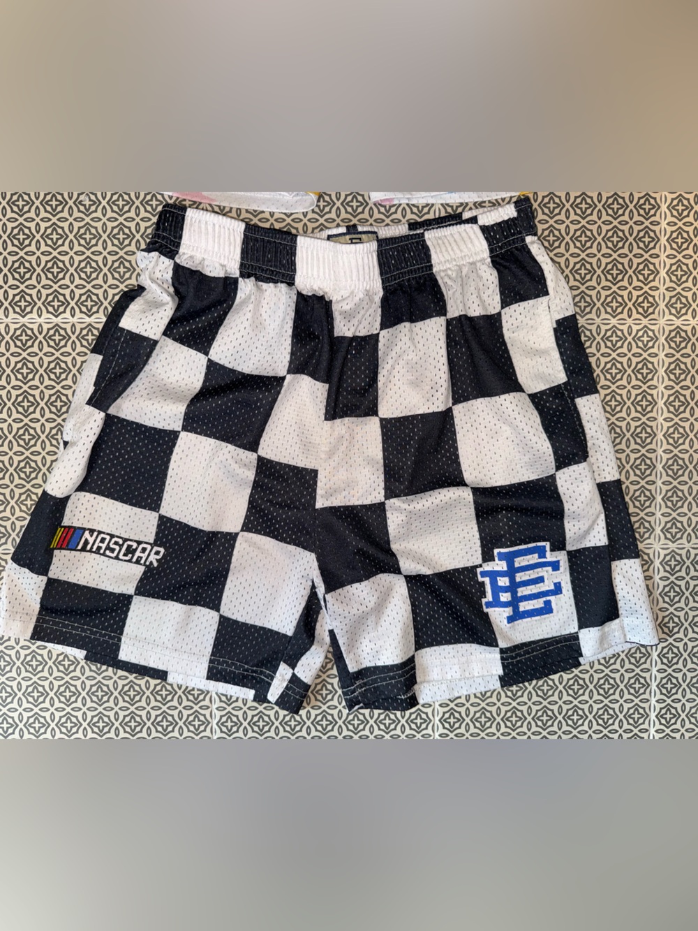 Eric Emanuel + BAPE Black & White Checkered NASCAR Mesh Shorts boys XL